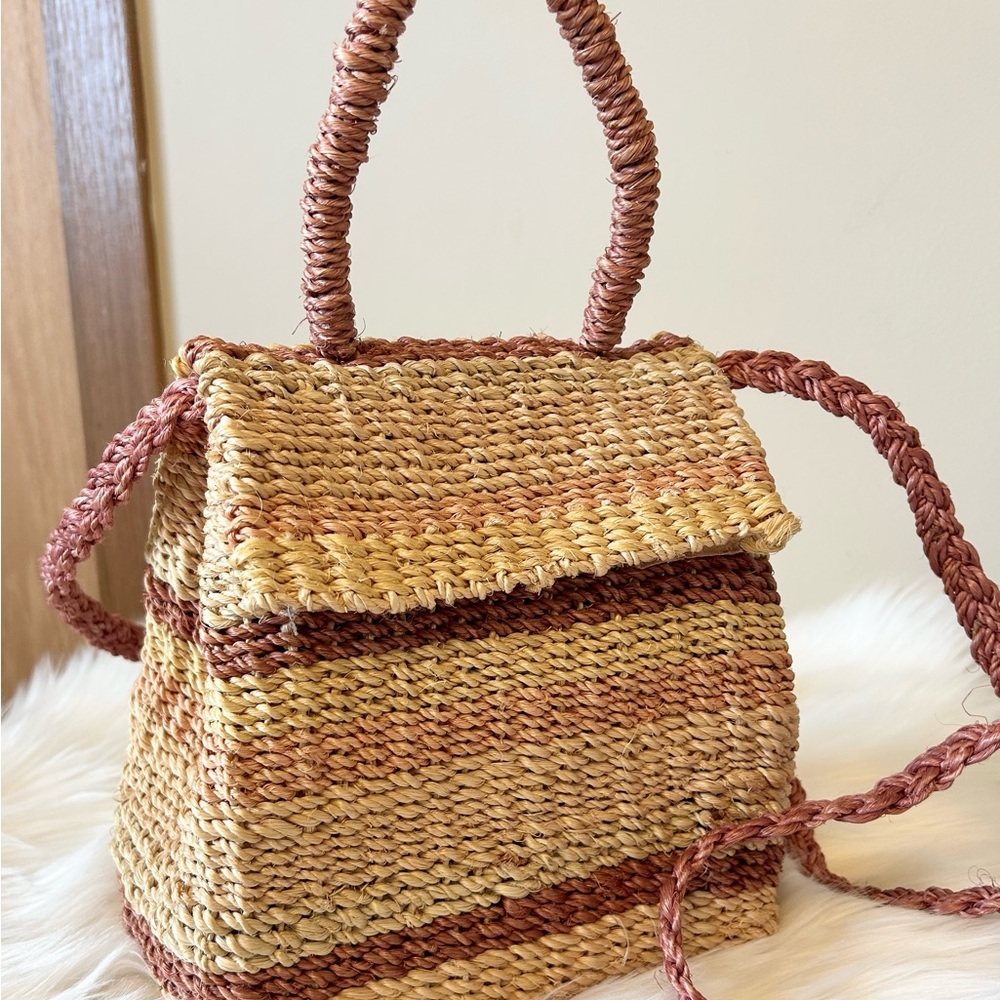 French Laundry Tan and Pink Mini Bag Woven Charm